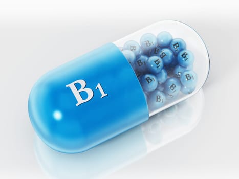 Vitamin B1 pill with small spheres isolated on white background. 3D illustration.