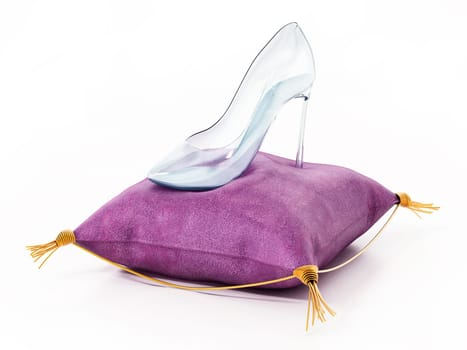 Single glass shoe standing on violet velvet cushion. 3D illustration.