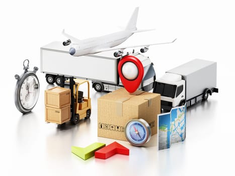 Global transportation concept with vehicles and boxes. 3D illustration.