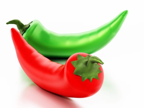 Red and green pepper isolated on white background. 3D illustration.