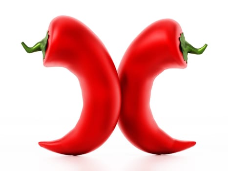 Red peppers isolated on white background. 3D illustration.