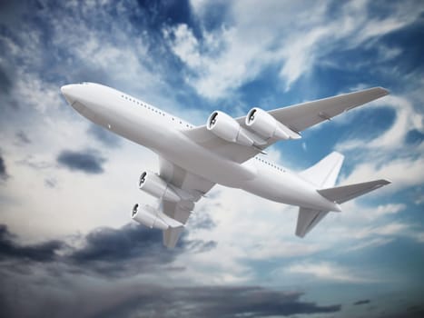 Airplane in the cloudy sky. 3D illustration.