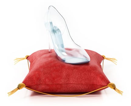 Single glass shoe standing on red velvet cushion. 3D illustration.