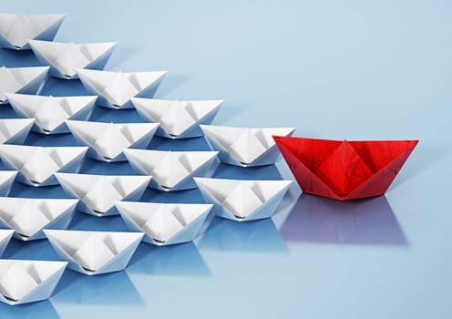 Red paper ship leading white regular paper ships. 3D illustration.