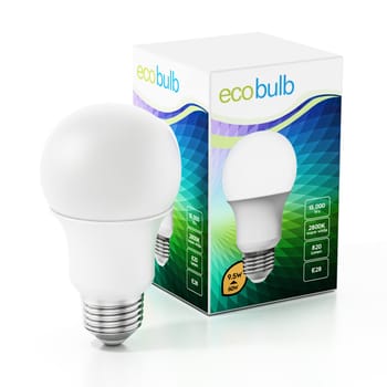 LED lightbulb and generic package design isolated on white background. 3D illustration.
