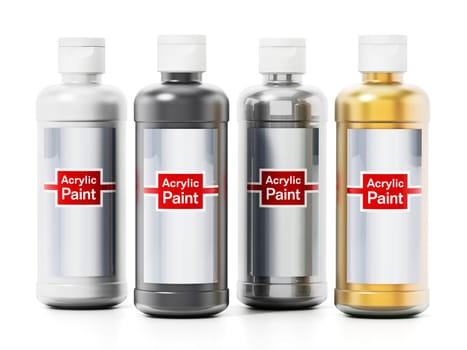 Acrylic paint bottles with color choices isolated on white background. 3D illustration.