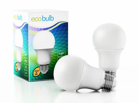 LED lightbulbs and generic package design isolated on white background. 3D illustration.