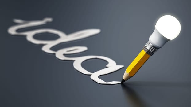Pencil with atached lightbulb on black background. 3D illustration.