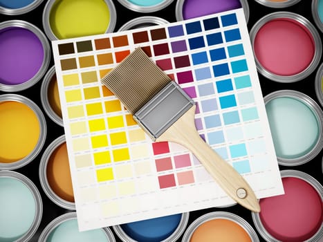 Various paint cans, roller and color guide. 3D illustration.