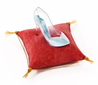 Single glass shoe standing on red velvet cushion. 3D illustration.