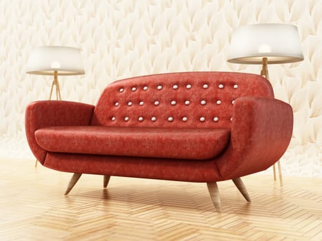 Comfortable sofa on vintage wallpaper. 3D illustration.