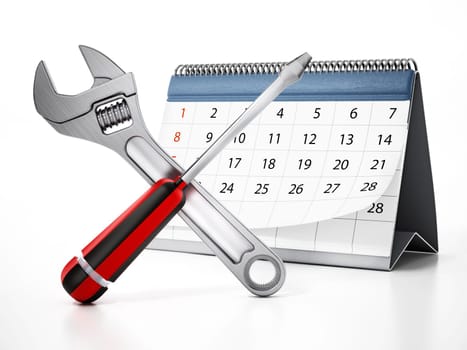 Crossed wrench and screwdriver with desktop calendar isolated on white background. 3D illustration.