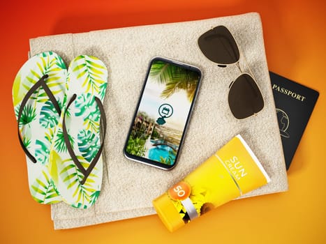 Slippers,sun screen tube, smartphone and sunglasses standing on beach towel. 3D illustration.
