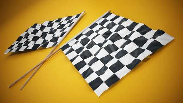 Checkered race flags on yellow background. 3D illustration.