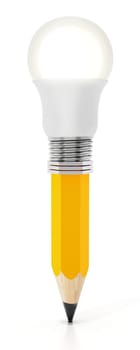Pencil with atached lightbulb isolated on white background. 3D illustration.