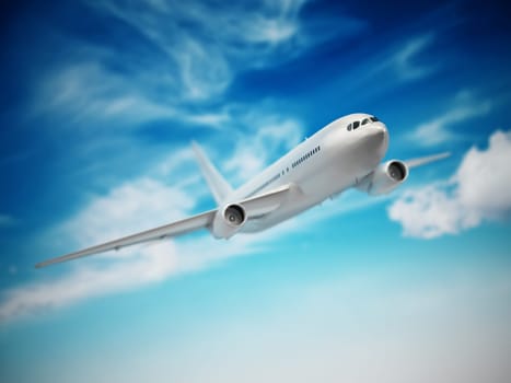 Airplane in the cloudy sky. 3D illustration.