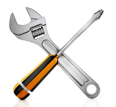 Crossed wrench and screwdriver isolated on white background. 3D illustration.