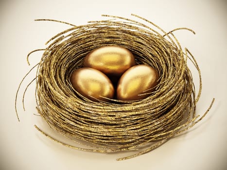 Gold eggs inside bird nest. 3D illustration.