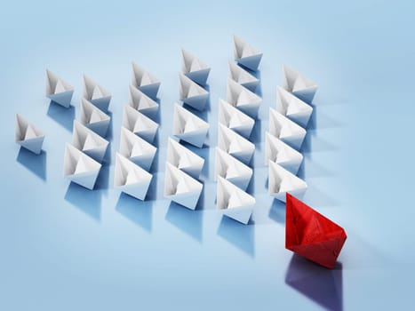 Red paper ship leading white regular paper ships. 3D illustration.