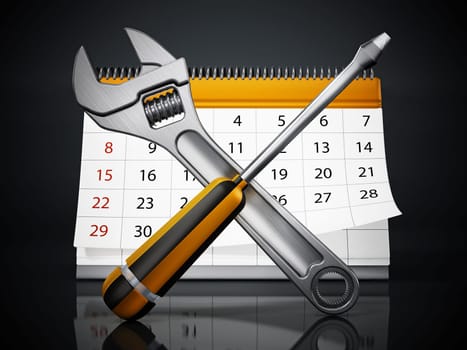 Crossed wrench and screwdriver with desktop calendar isolated on white background. 3D illustration.