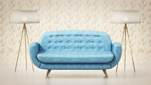 Comfortable sofa on vintage wallpaper. 3D illustration.
