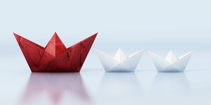 Red paper ship leading white regular paper ships. 3D illustration.