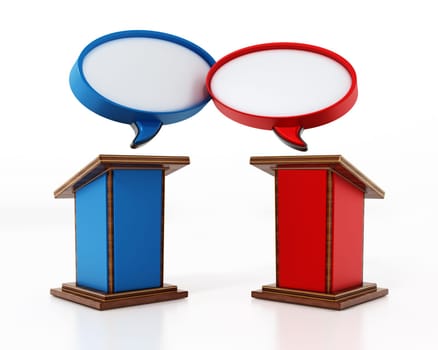 Blue and red lecterns with speech balloons. 3D illustration.