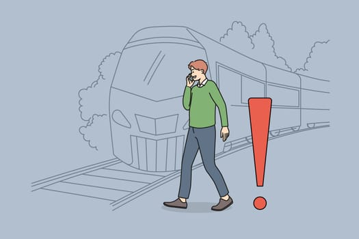 Young man talking on phone crossing tracks while train is approaching. Careless guy speak on cellphone ignore railroad safety rules and warnings. Keep back from platform edge. Vector.