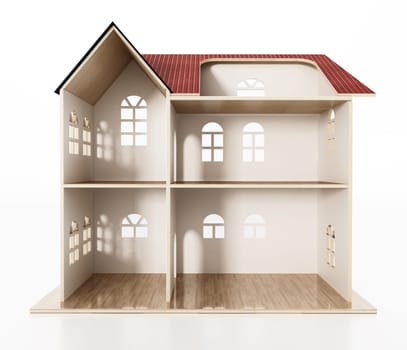 Classic wooden dollhouse isolated on white background. 3D illustration.
