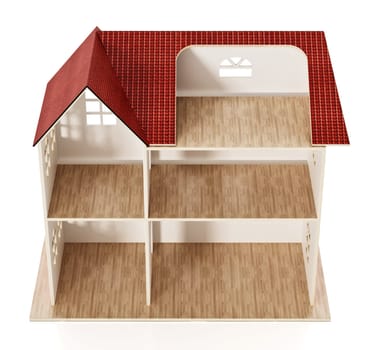 Classic wooden dollhouse isolated on white background. 3D illustration.