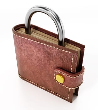 Wallet with padlock top isolated on white background. 3D illustration.