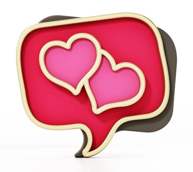 Speech balloons with heart icons isolated on white background. 3D illustration.