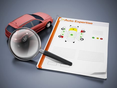 Auto expertise concept. Magnifying glass on the model car with test results. 3D illustration.