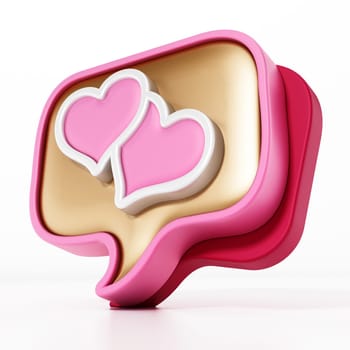 Speech balloons with heart icons isolated on white background. 3D illustration.