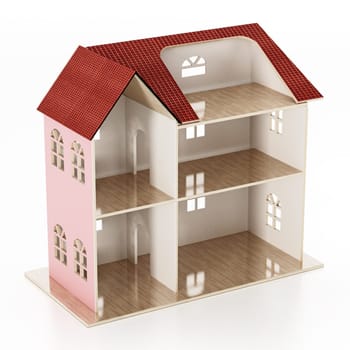 Classic wooden dollhouse isolated on white background. 3D illustration.