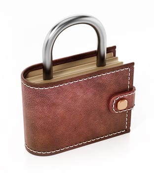 Wallet with padlock top isolated on white background. 3D illustration.