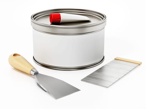 Car repair filler putty and spatulas. 3D illustration.