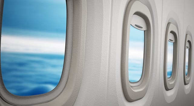 Airplane windows looking through the clouds. 3D illustration.