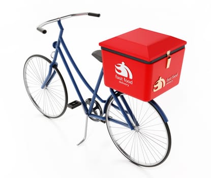 Fast food delivery bicycle isolated on white background. 3D illustration.