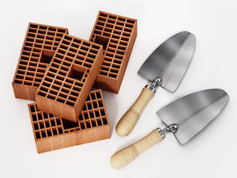 Construction trowel and bricks isolated on white background. 3D illustration.