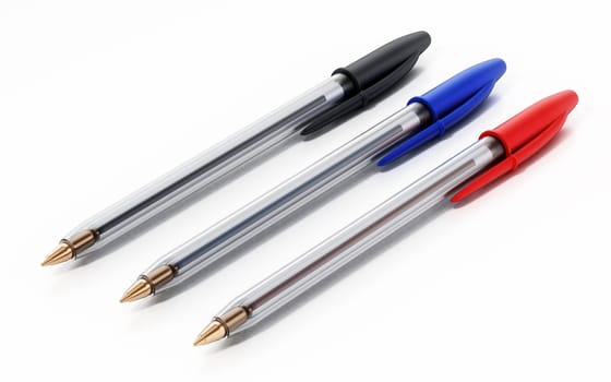 Black, blue and red ball point pens isolated on white. 3D illustration.