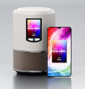 Smart speaker with LCD screen and smartphone playing music. 3D illustration.