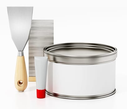 Car repair filler putty and spatulas. 3D illustration.