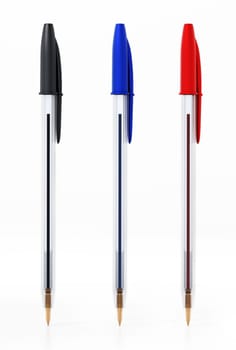 Black, blue and red ball point pens isolated on white. 3D illustration.