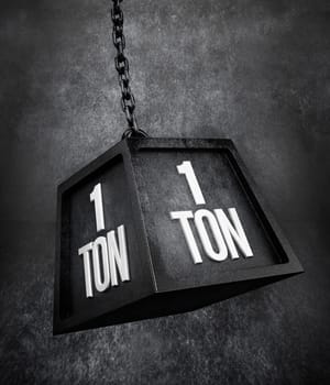 1 ton weight with black chain . 3D illustration.