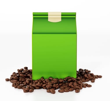 Fresh coffee beans and filter coffee package. 3D illustration.