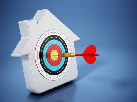 House symbol with dart hit at bull's eye. 3D illustration.