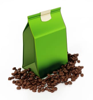 Fresh coffee beans and filter coffee package. 3D illustration.