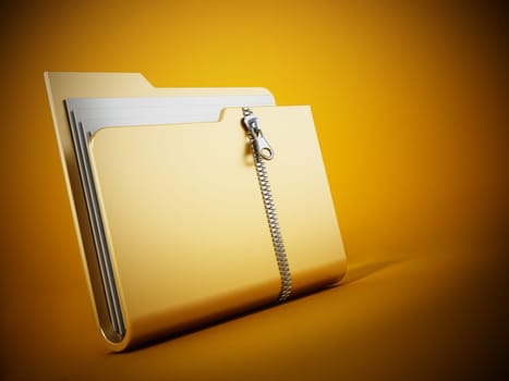 Zipped folder standing on yellow background. 3D illustration.