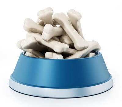 Dog food plate full of bones isolated on white background. 3D illustration.
